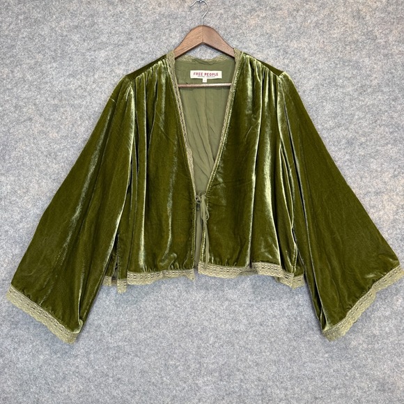 Free People Jackets & Blazers - Free People Bed Velvet Jacket Small Medium Oversized Lace Trim Slouchy Front Tie